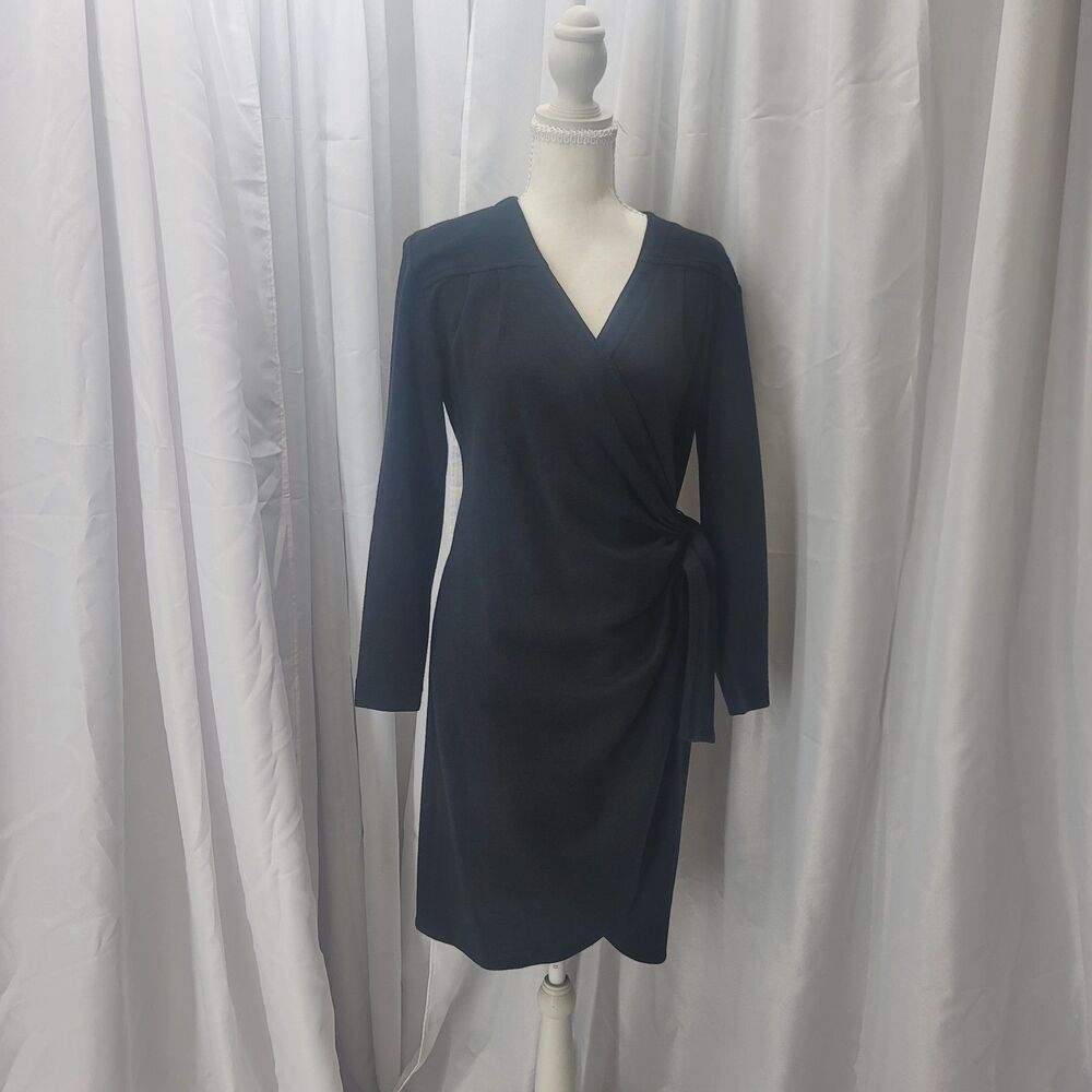 Vintage Liz Claiborne Petite S Black Wool Blend Knit Long Sleeve Wrap Dress LBD